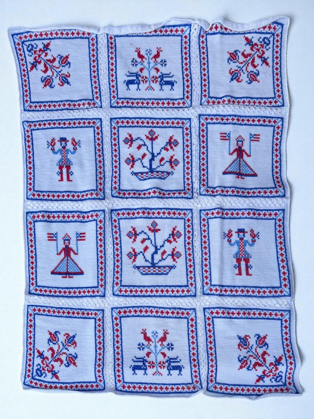 Vintage Handmade Crocheted Cross Stitch Afghan Scandinavian Folk Art 84”x60”